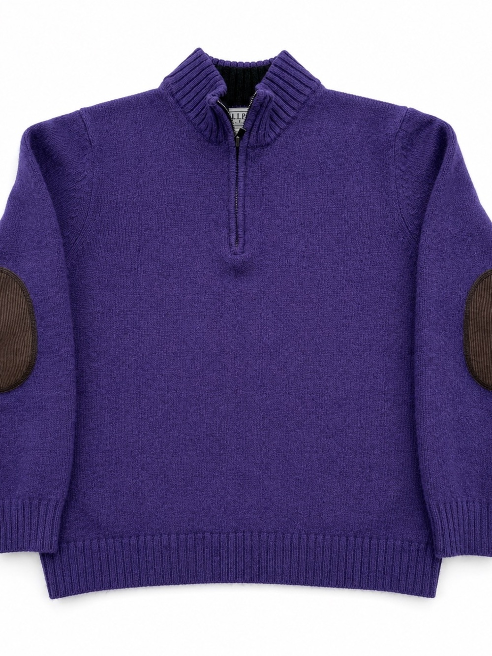 L.L. Bean 100% Shetland Wool 1/4-Zip Purple Sweater Cotton Elbow Patches Large